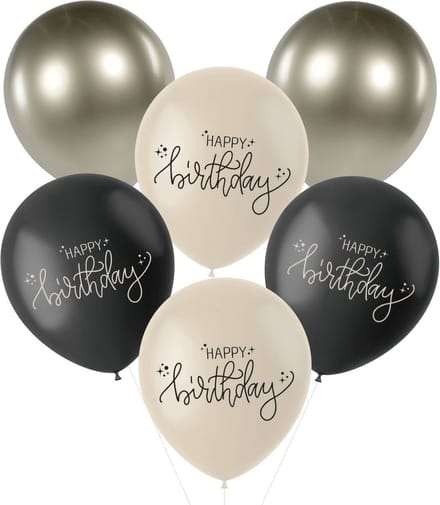 Folat - Crème noir ballonnen happy birthday - 6 stuks