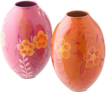 J-Line vaas Bloemen - metaal - roze/oranje - small - set van 2