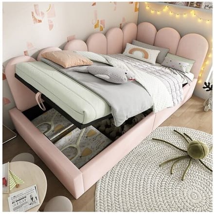 Merax Kinderbed met opbergruimte en bekleding - 90 x 190 cm - Fluweel + Metaal + Multiplex - Roze