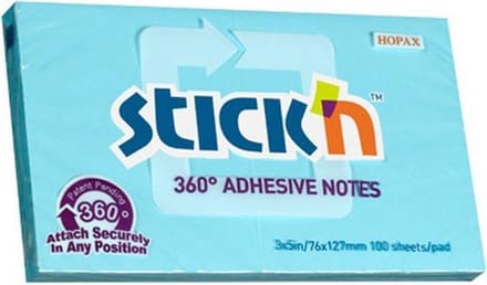 Stick'n Adhesive Notes - 360 Graden - Lijmrand - Sticky Notes - Memoblok - 76x127mm - Blauw - 100 Sheets