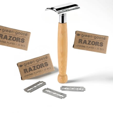Safety Razor incl. 30 Scheermesjes – Razor Blade – Double Edge Duurzaam Scheermes – Single Blade - Zero Waste – Voor mannen en vrouwen – Bamboo Chrome