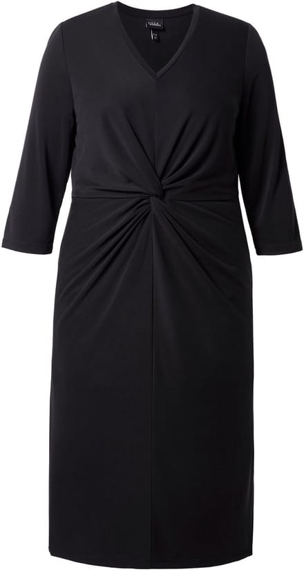 Ulla Popken - Dames - Midi-jurk sierknopen V-hals 3/4-mouwen - Zwart - Maat 58+