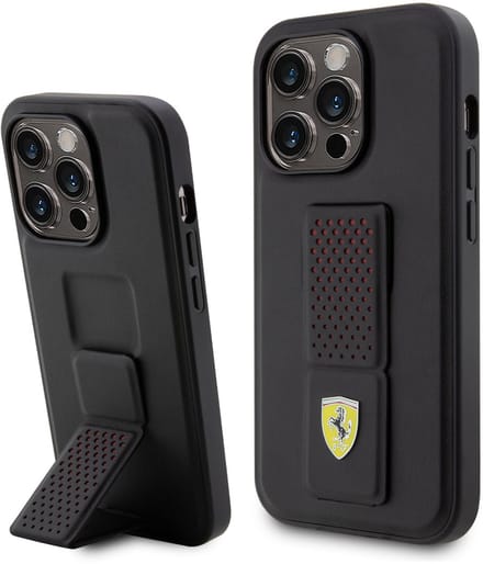 Ferrari Back Cover - iPhone 15 Pro - Zwart - Inclusief uitklapstandaard - Antisliptextuur