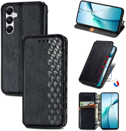 Luxe PU Lederen Ruitpatroon Wallet Case + PMMA Screenprotector voor Galaxy A17 4G/5G _ Zwart