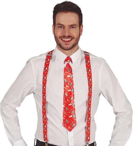 Fiestas Guirca Kerst accessoires set - stropdas en bretels - rood - kerst opdruk -volwassenen