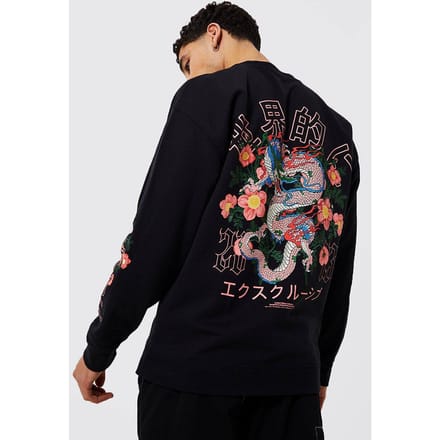 Oversized sweatshirt met een draken- en bloemenprint | Black | Size Medium