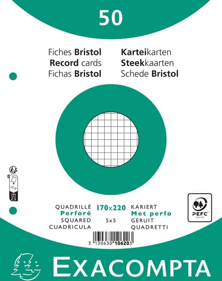 Exacompta 24x Pak 50 steekkaarten in folie - bristol geruit 5x5 geperforeerd - 170x220mm - Wit - 10620E