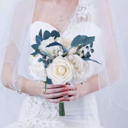 Bruiloft Boeket - Kunstbloemen Set - Bruiloft Decoratie - Romantische Stijl - Klein 18cm - Romig Wit Blauw
