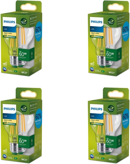 Philips Voordeelverpakking - E27 - Ultra Efficient - LED Standaard lamp - Helder - 60W - Niet Dimbaar - Warmwit Licht - Set van 4 Stuks