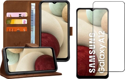 Hoesje geschikt voor Samsung Galaxy A12 - Screen Protector GlassGuard - Book Case Kunstleer Pasjeshouder Bruin & Screenprotector