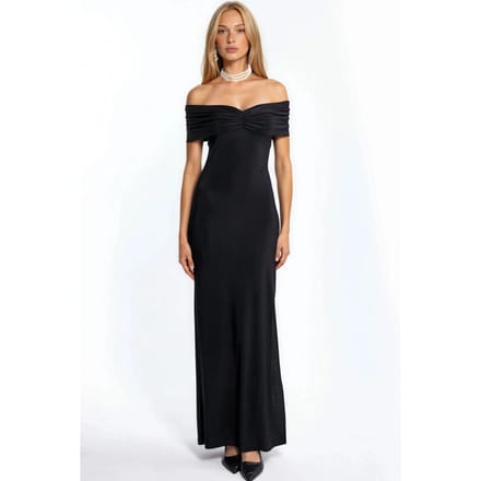 Off-Shoulder Split Gedetailleerde Zand Maxi-jurk