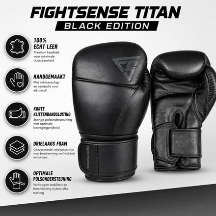 Fightsense Titan Black Edition - 10 oz - Bokshandschoenen – Premium Echt Leer – All Black – Training & Sparren