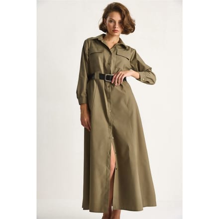 Maxi-jurk met lange mouwen, knoopsluiting en overhemdkraag