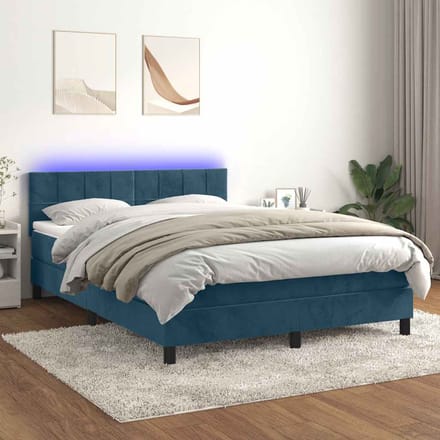 vidaXL - Boxspring - met - matras - en - LED - fluweel - donkerblauw - 140x200 - cm