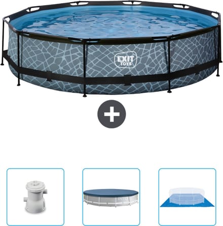 EXIT Rond Stone Frame Zwembad - 360 x 76 cm - Inclusief Pomp - Afdekzeil - Grondzeil - Nu extra voordelig