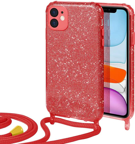 HB Hoesje Geschikt voor Apple iPhone 11 - Rood - Glitter Back Cover met Koord