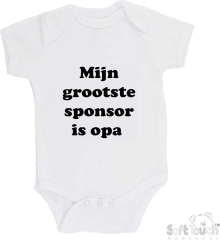 100% katoenen Romper "Mijn grootste sponsor is opa" Unisex Katoen Wit/zwart Maat 56/62