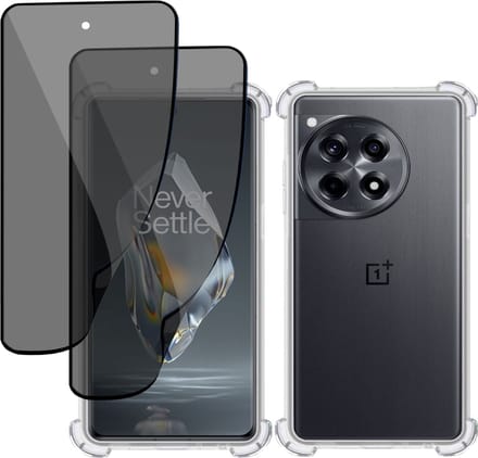 Hoesje + 2x Privé Screenprotector geschikt voor OnePlus 12R – Privacy Folie- Case Transparant