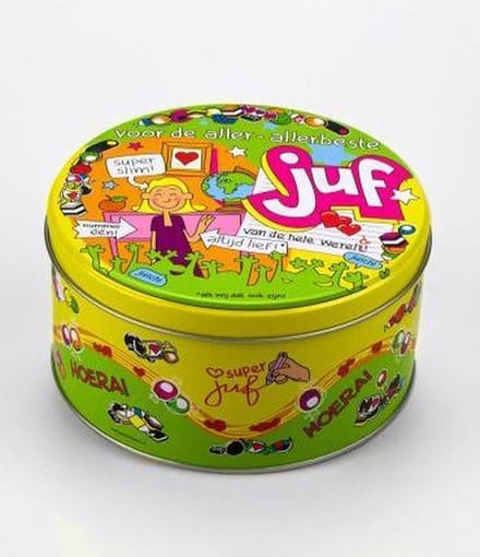 Drop - Snoeptrommel - Juf - Gevuld met Drop - In cadeauverpakking met gekleurd lint