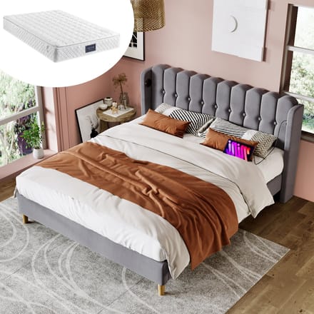 REDOM Bedframe 140x200 cm – Linnen grijs – Met USB-C & USB – Stevig frame – Modern