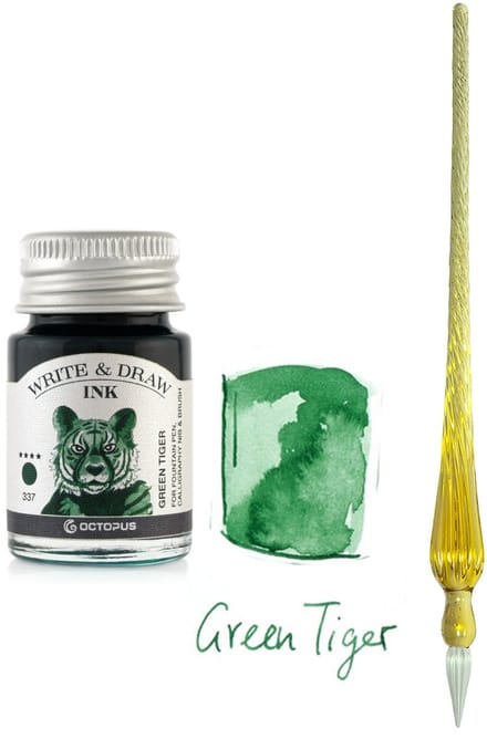 Glaspen - Glazen Dip Pen set in doosje Oranje - Potje - Octopus - Vulpen inkt - green tiger