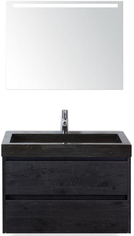 Dante Badmeubelset 80 cm - Black Oak - Wastafel Hardsteen Wit Lucca met Sence Spiegel
