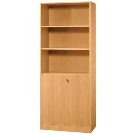 Combi-boekenkast, 5 OH, 3 open vakken + 2 afsluitbare deuren, B 800 x D 420 x 2004 mm, beukendecor
