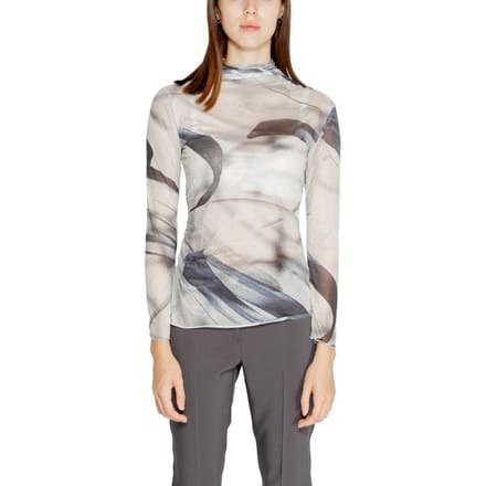 Abstracte Print Mesh Top Met Hoge Hals Lange Mouwen