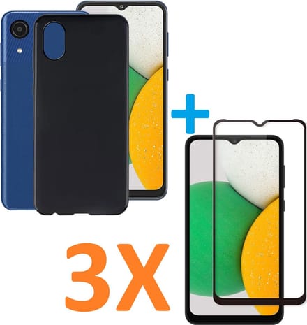 Silicone hoesje zwart met 3 Pack Full Tempered glas Screen Protector Geschikt voor: Samsung Galaxy A03 Core