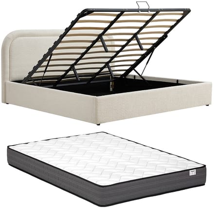 Vente-unique Bed met opbergruimte stof beige 180 x 200 cm (Super King Size Bed)