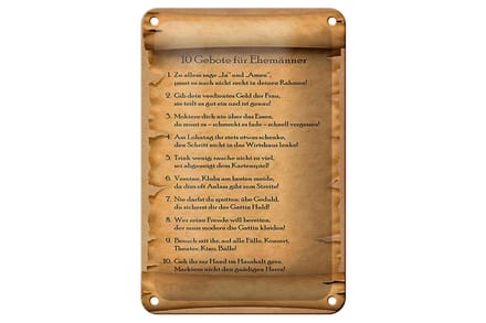 Blechschild Spruch 12x18cm 10 Gebote für Ehemänner sage ja