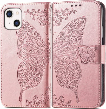 YPCd Bookcase geschikt voor Apple iPhone 14 - Vlinder Design - Portemonnee / Wallet Hoesje - Roze