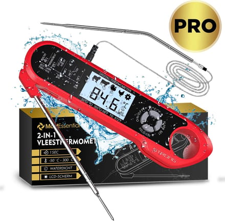 MostEssential 2-in-1 Vleesthermometer PRO Edition – Digitale Kernthermometer met Uitklapsonde & Losse Kabelsonde met Alarm - BBQ & Oventhermometer - Waterdicht IP67
