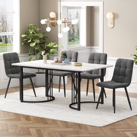 MODFU - 5-Delige Eethoek - Eettafel Met 4 Stoelen - Marmerlook - Modern - MDF - Wit - 140 x 80 cm
