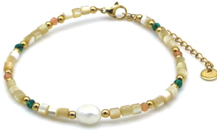 Armband - RVS - glaskralen en stenen - goudkleurig - 16-21 cm - dames