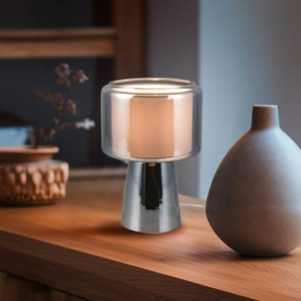 Trio Lighting tafellamp Rocka, chroom, hoogte 29 cm, glas/stof