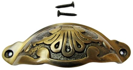 Floral Cup Pull Handle Antique Brass on Brass