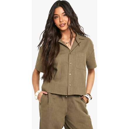 boohoo Dames Linnen Look Short Sleeve Shirt | Kaki | Maat: 42
