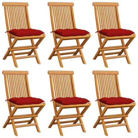 vidaXL - Klapstoelen - met - rode - kussens, - 6 - stuks, - massief - teakhout