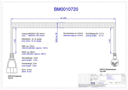 CEE 7/7 (haaks) - CEE 7/3 (recht) stroom spiraal verlengkabel - 3x 1,50mm / wit - 2 meter