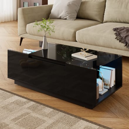 Moderne salontafel 105 cm – Minimalistisch ontwerp met opbergruimte, LED-sfeerverlichting, glazen blad en 2 lades