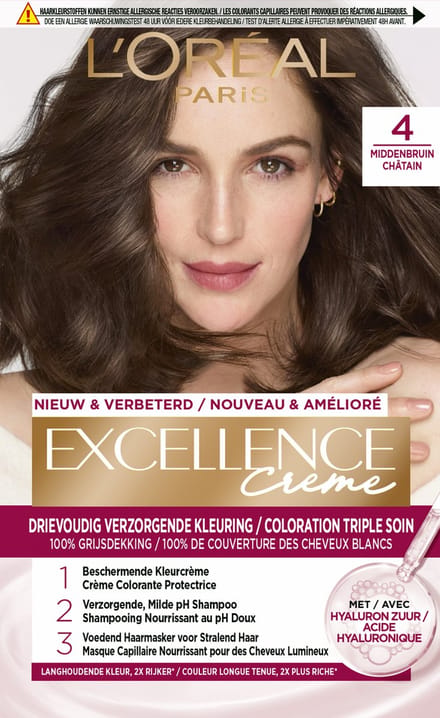 L'Oréal Paris Excellence Crème Middenbruin 4 - Permanente Haarkleuring - Rijk en levendig kleurresultaat - Haarverf
