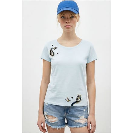 Geborduurd U-Hals Basis T-Shirt