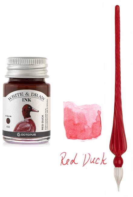 Glaspen - Glazen Dip Pen set in doosje - Rood - Potje - Octopus - Vulpen inkt - red duck