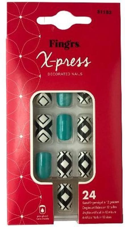 Fing’rs X-press Decorated Nails 24 Stuks+Lijm - zwart/wit/turqoise
