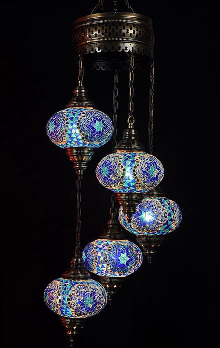 Anatolia Hanglamp - blauw - mozaïek - 5 bollen - 120 cm hoogte