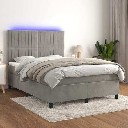 vidaXL - Boxspring - met - matras - en - LED - fluweel - lichtgrijs - 140x200 - cm