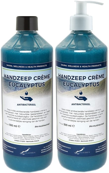 Handzeep Crème Eucalyptus 500 ml - set van 2 stuks - met gratis pomp - Voordeelverpakking