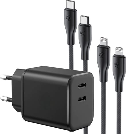 Dual 45w Snellader - 2 Meter - Oplader geschikt voor iPhone / iPad / Apple Lightning - Usb C adapter - Usb C oplader 2 poorten