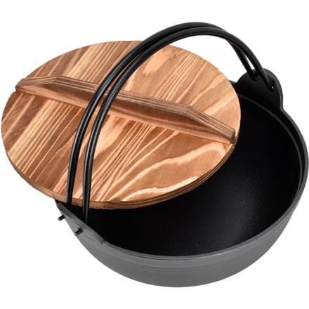 Sukiyaki Pan 9.8in Duurzaam Stevig Gietijzer Houten Deksel Anti-aanbak Uniforme Verhitting Brede Toepassing L brown